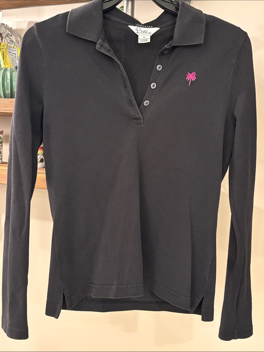 Lilly Pulitzer Shrunken Polo XS Black Pima Cotton Long Sleeve Pink Palm